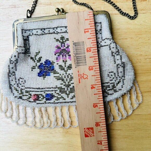 Antique Edwardian Fringe Flapper Purse Evening Bag Micro Seed Bead Floral Metal - Picture 15 of 16